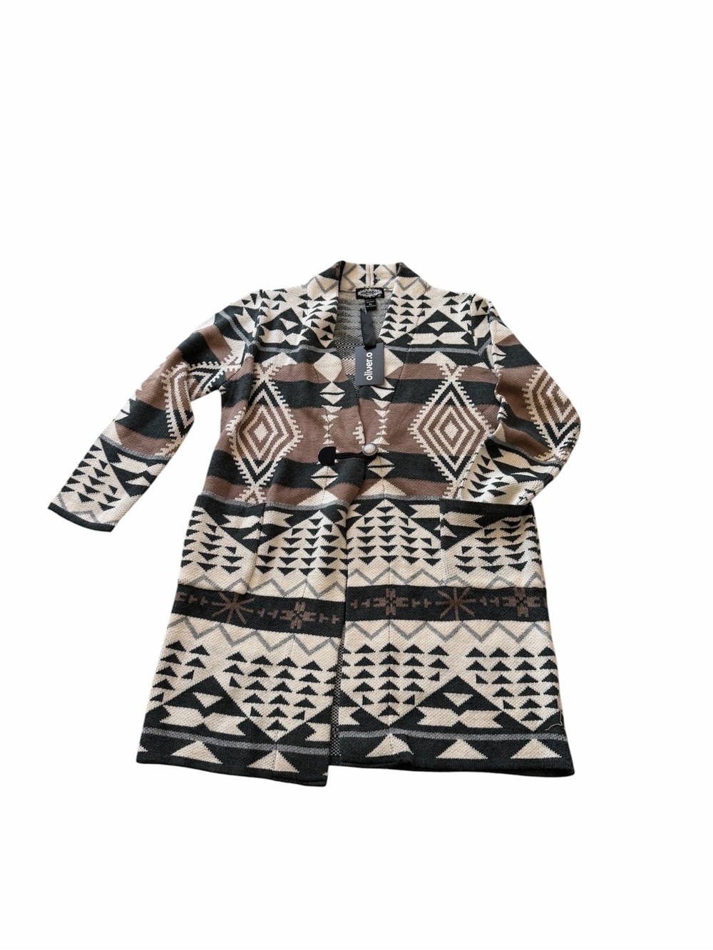 Olivers Aztec-Pattern Long Cardigan Coat in Black, Cream & Brown